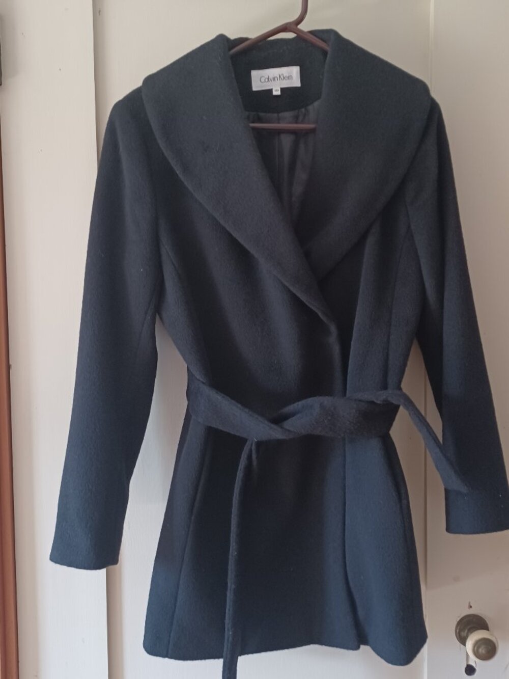 Calvin Klein Wool Blend Jacket, Shawl Collar, Belted, Snap Closure, Black, Small